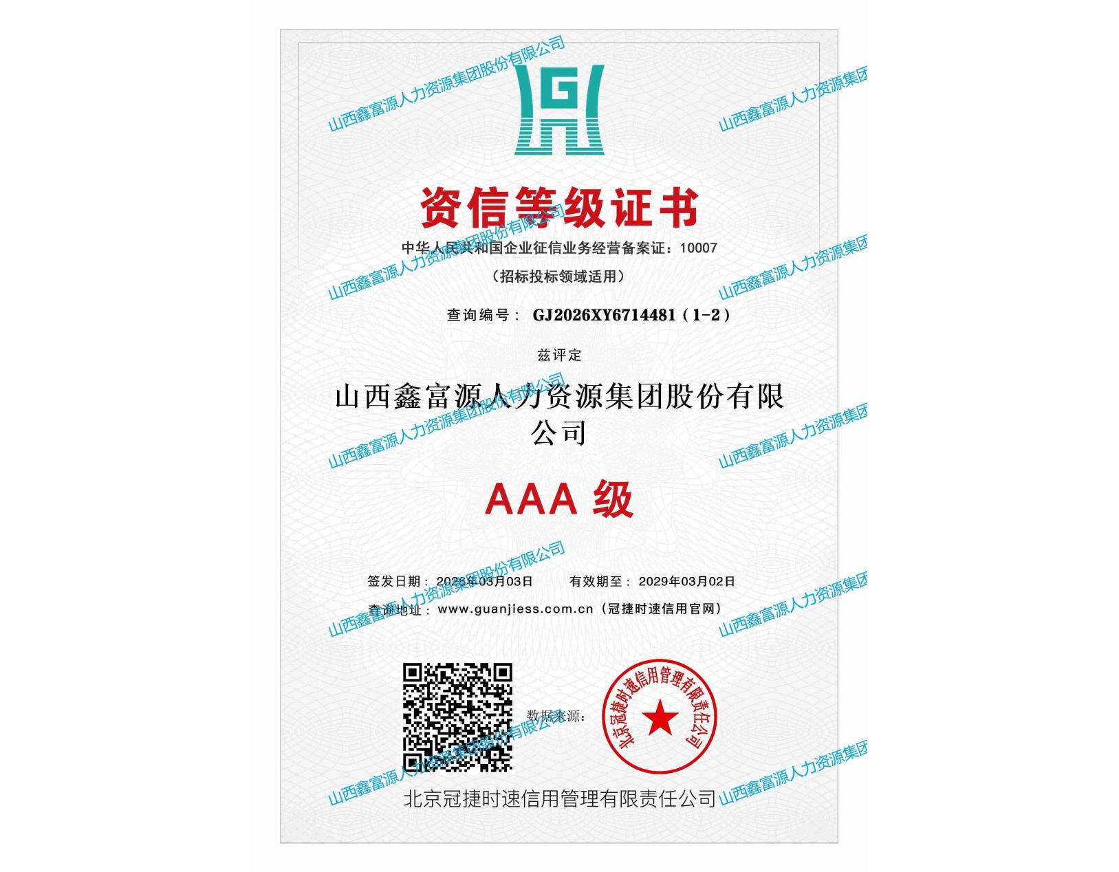 AAA級資信等級證書