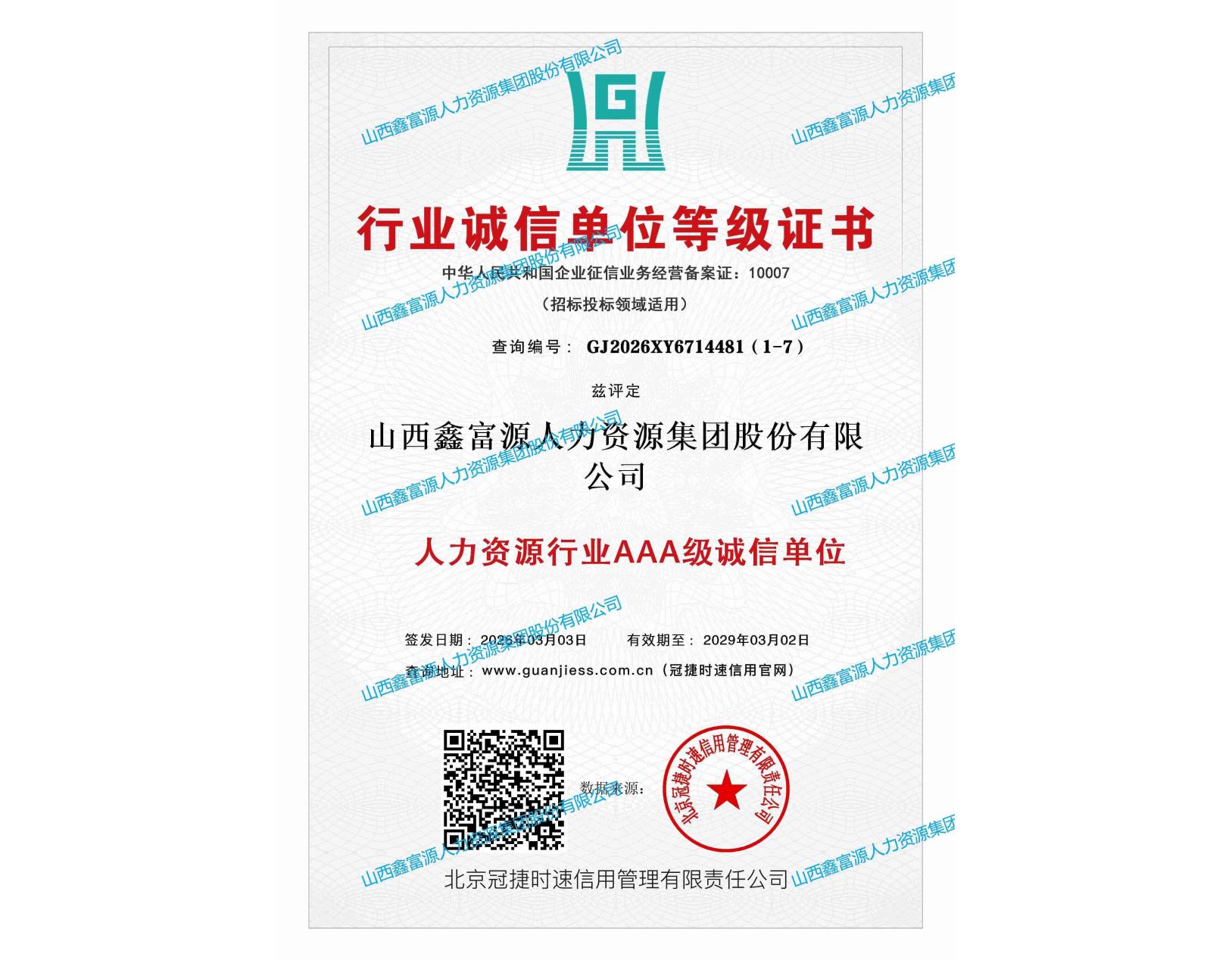 行業誠信單位等級證書